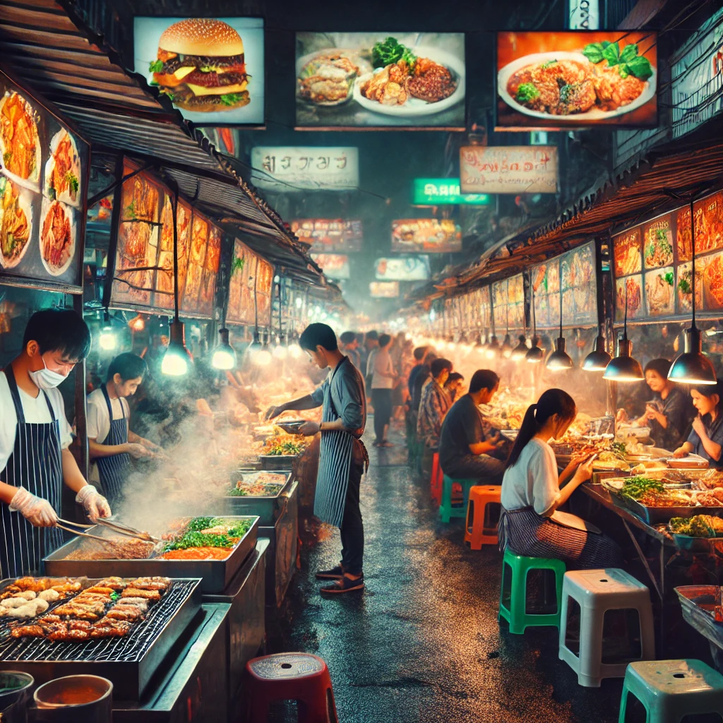 A Feast for the Senses: Dive into the vibrant energy of a bustling street food market, where sizzling grills, colorful stalls, and irresistible aromas come together for an unforgettable culinary adventure